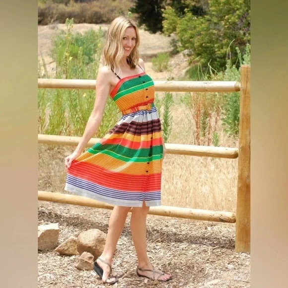 ANTHRO TRACY REESE |Vibrant Multicolored Rainbow Striped Silk Pleated Dress Sz 6 - Picture 2 of 12